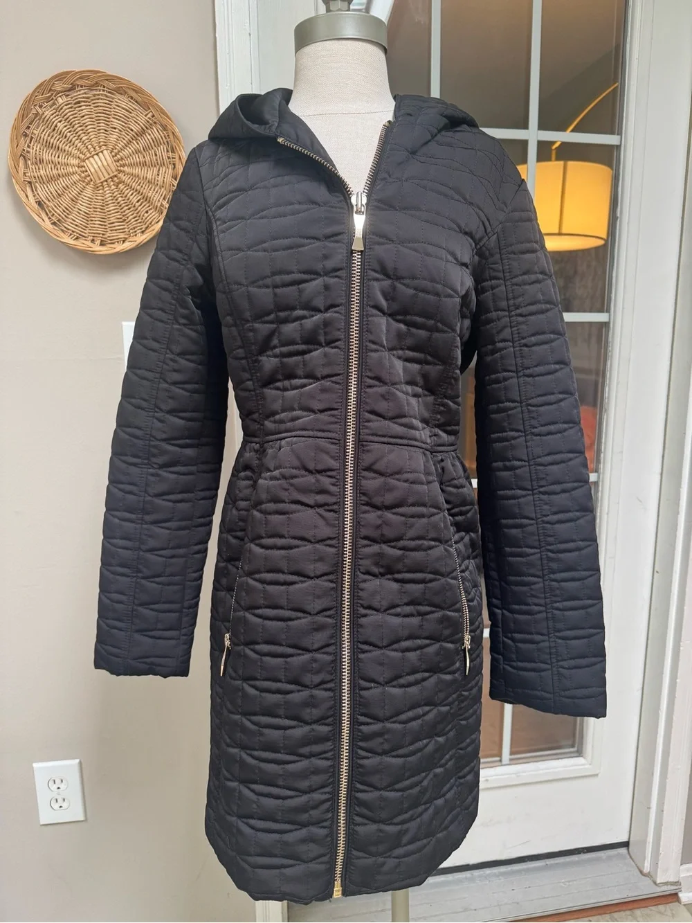 Kate Spade Black Quilted Hooded Puffer Coat Striped Lining Small